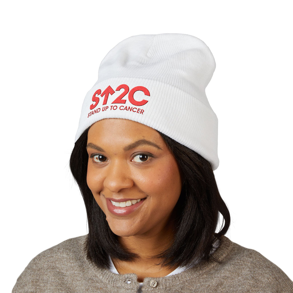 Stand Up to Cancer - Short Logo Embroidered beanie (white)